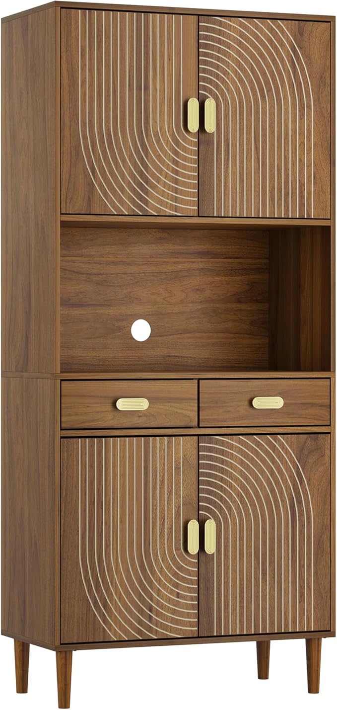 70.87" Tall Kitchen Pantry Cabinet with Line Grooved Doors & 4-Compartment Top, Storage Cupboard with 2 Drawers, Adjustable Shelves & Gold Handles for Dining Room, Bathroom, Walnut