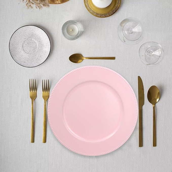 Set of 12 Plastic Pink Charger Plates, Elegant Chargers for Table Dinner Decoration, Wedding, Holiday,13"