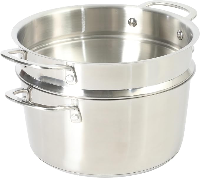 Sur La Table Kitchen Essentials Chef's Deck 3-Piece 5.3-Quart Stainless Steel Dutch Oven with Steamer Insert & Glass Lid ??Induction Ready, Tri-Ply Base, Polished Finish & Hollow Stay-Cool Handles