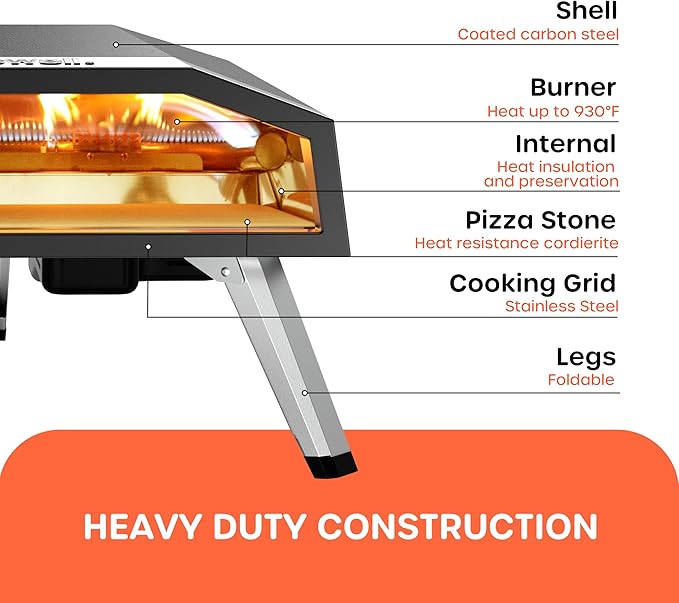 16" Outdoor Gas Pizza Oven, 80-Second Outdoor Camping Pizza Maker | with Gas Hose & Regulator, Pizza Stone, Pizza Peel, Pizza Cutter, Infrared Thermometer, Propane Grill Reaches 930째F (16 inch)
