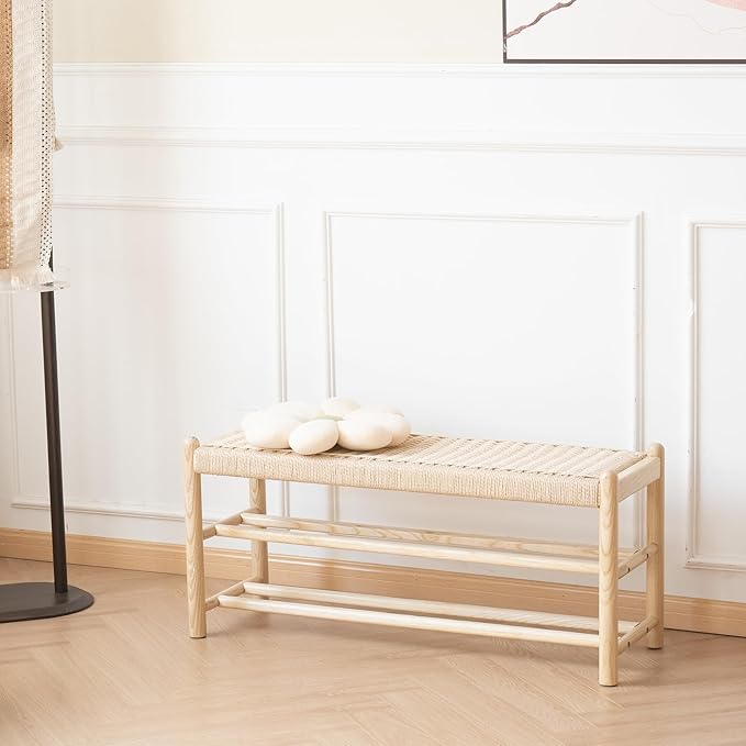 XINNAN Solid Wood Entryway Bench with Shoe Storage, Rustic Oak Wood and Woven Design 39.4 Inch Long Seating for Living and Dining Rooms, 3-Tier Nature