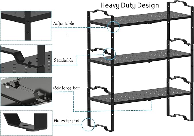 Expandable Shelf for Cabinet Organizer Adjustable Stackable Spice Rack at Kitchen and Bathroom More, Counter Countertop Cupboard Organization Pantry Storage (1 Pack/Black, Large)