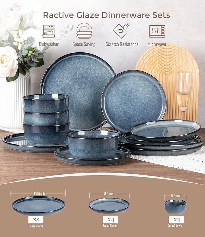 GBHOME Ceramic Dinnerware Sets for 4, 12 Pieces Stoneware Plates and Bowls Sets, Scratch Resistant Dishes, Dishwasher & Microwave Safe, Reactive Glaze-Blue Horizon