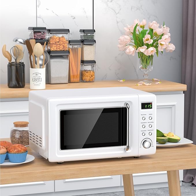 LDAILY 0.7Cu.ft Retro Small Microwave Oven, 700W Compact Countertop Microwave with 5 Power Levels, Auto Cooking Menus, Glass Turntable, Child Lock & Glass Turntable for Apartment, Dorm (White)