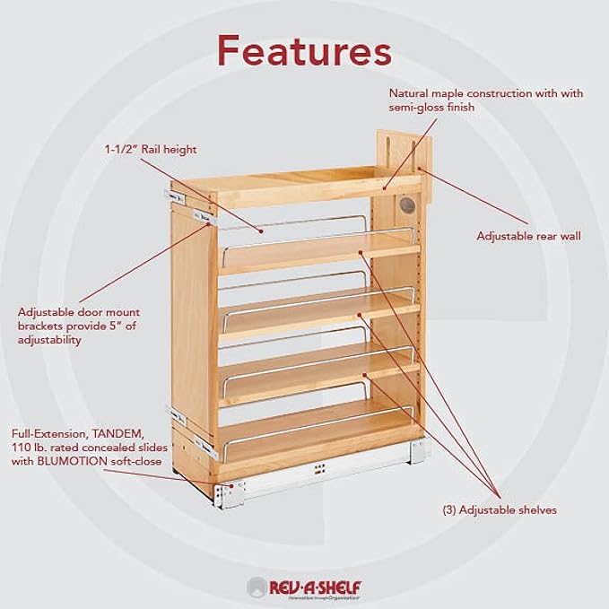 Rev-A-Shelf 8" Pullout Storage Organizer for Base Kitchen/Bathroom Cabinets with Soft-Close Full Extension Slides and Adjustable Shelves, 448-BCSC-8C
