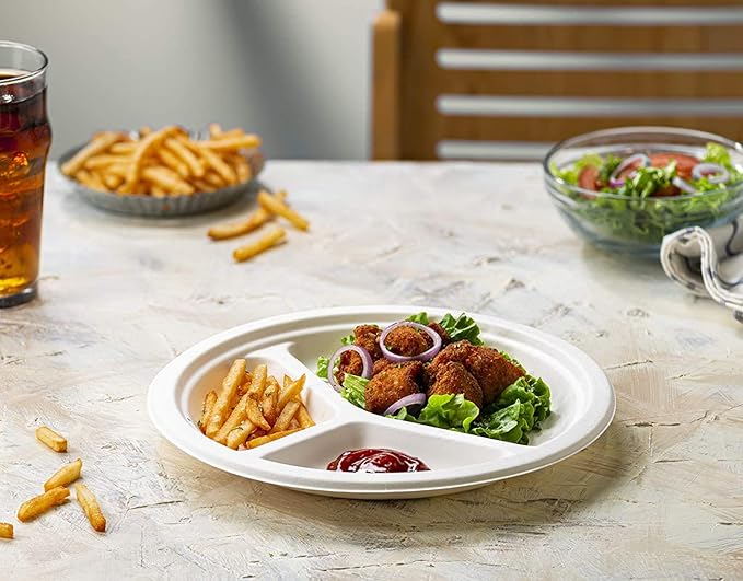 GUSTO [9 Inch -125 Pack 3 Compartment Heavy-Duty White Paper Plates, 100% Compostable & Biodegradable (Formerly Comfy Package)