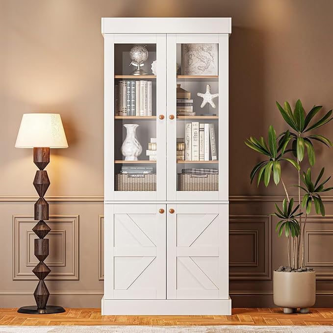71" Tall Farmhouse Bookshelves with Glass Doors, Large Wooden Bookcase with Adjustable Shelves, Storage Cabinet for Living Room, Kitchen, Home Office, Dining Room, White, Set of 3