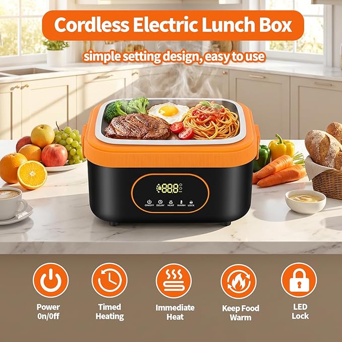 YAAHEIJA Cordless Electric Lunch Box for Adults, 18000mAh & 60W Fast Heating Food Warmer, 1.5L Leak-Proof Container, Adjustable Temp & Keep Warm for Office, Travel, Camping, Truck