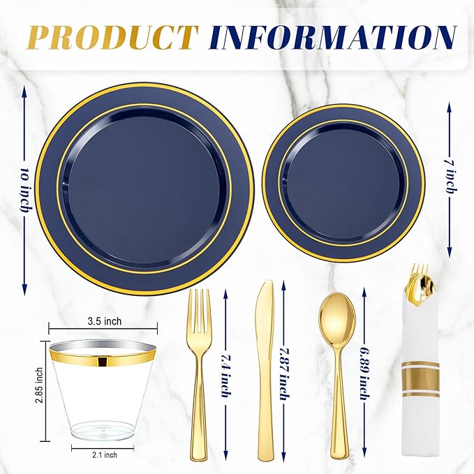 350PCS Navy Blue and Gold Plastic Plates with Rolled Napkins Include Dinner Plate 10?쇺? Dessert Plate 7?쇺? gold Cups 9 OZ, Pre Rolled Napkins 25 of each type for Party/Birthday/Wedding