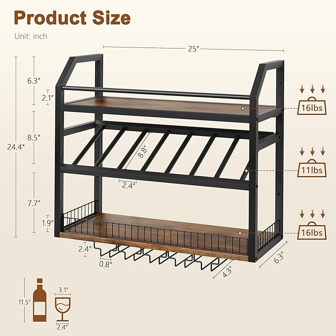 Hoctieon Wall Mount Wine Rack, Wall Mounted Wine Bottle Rack for Display and Storage, Hanging Bottle Holder, for Living Room, Dining Room,Bar, Wine Cellar, Rustic Brown