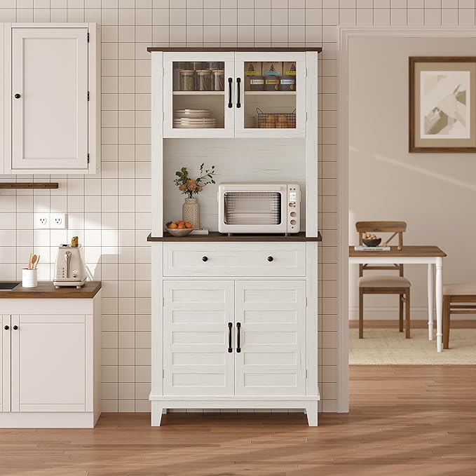 Elegant White Modern Wood Pantry Coffee Cabinet with Ample Storage, Spacious 72" Tall Kitchen Bar Cabinet Hutch Featuring 4 Stylish Glass Doors & 1 Smooth Drawer, Versatile Stand-Alone Food Pantry