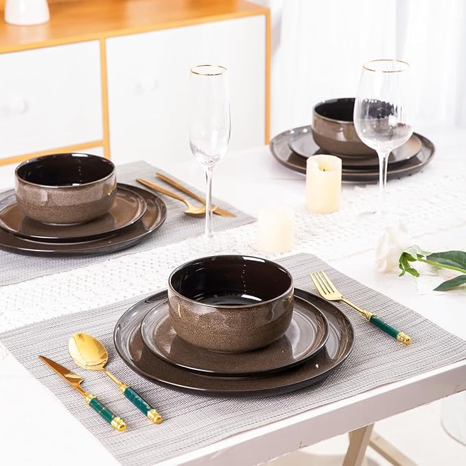 LeRatio Ceramic Dinnerware Sets for 4,12-Piece Plates and Bowls,Handmade Reactive Glaze Dishes Set, Scratch Resistant | Oven&Dishwasher & Microwave Safe,Service for 4竊?2pcs),Modern-Chestnut