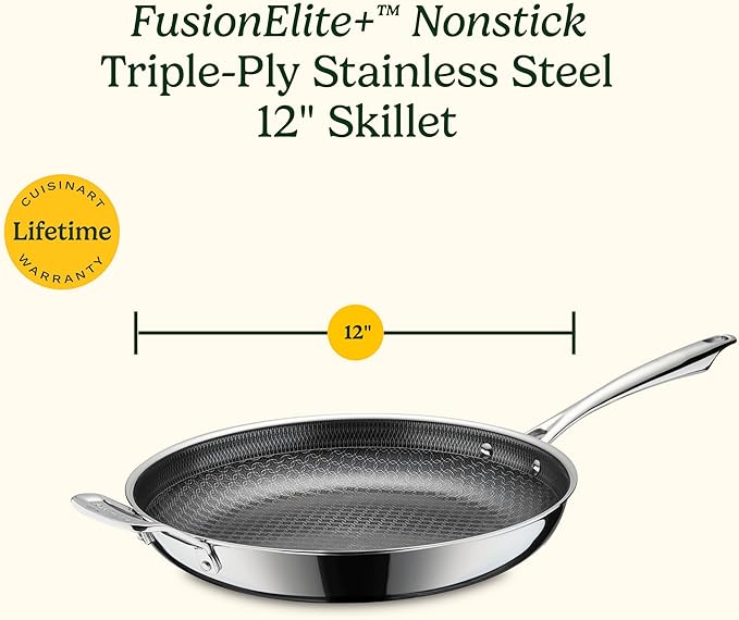 Cuisinart FusionElite+ Nonstick Tri-Ply Stainless Steel Skillet, 12??Skillet Frying Pan with Helper, PURELYSEAR Ceramic Nonstick Technology, Scratch Proof, Cool Grip Handles, Dishwasher Safe