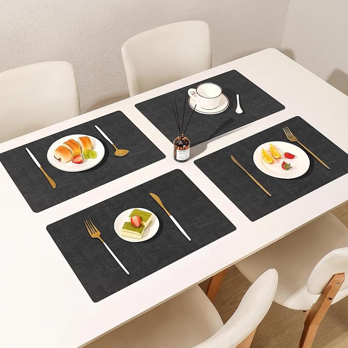 Boobezeen Faux Leather Placemats Set of 6, Heat Resistant Wipeable Washable Vinyl Place Mats, Waterproof Anti-Slip Dining Table Mats, Suitable for Indoor & Outdoor Use (Dark Grey)
