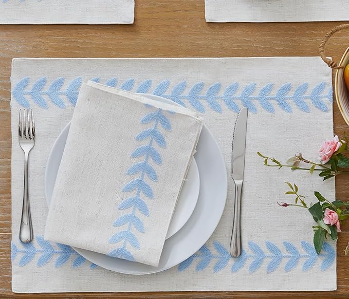 Wracra Embroidered Placemats, 13 x 18 Inch Set of 4 Placemats, Irregular Willow Rustic Place Mats for Kitchen Table and Heat Resistant, Blue 4PCS