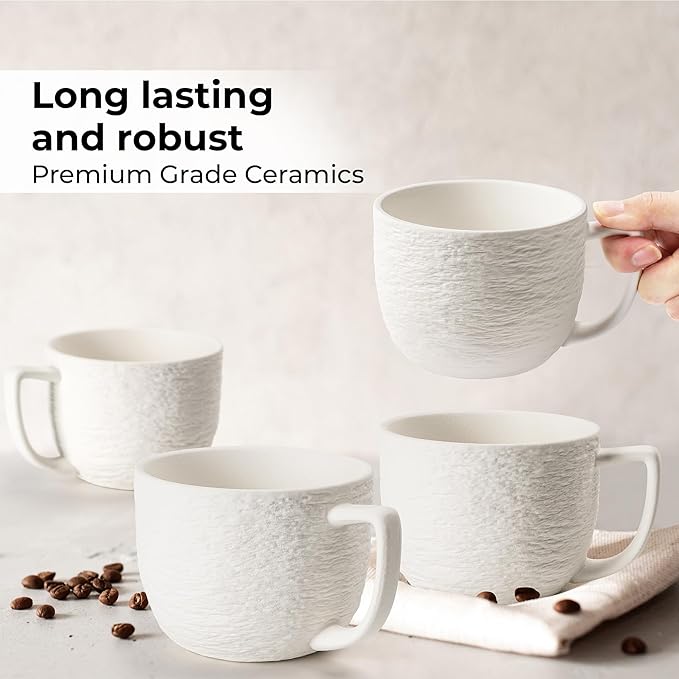 MIAMIO - Coffee Mug Set of 4 x 450 ml Cups/White Mugs Ceramic with Embossed Rock Texture for Coffee, Latte, Tea - Oasis Collection
