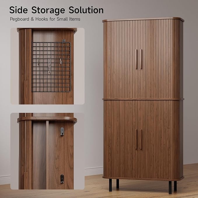 ONBRILL 71" Fluted Pantry Cabinet, Tall Kitchen Pantry Storage Cabinet with 2 Pegboards, 4 Hooks & Adjustable Shelves, Wood Cupboard for Kitchen, Dining Room, Living Room and Hallway, Walnut