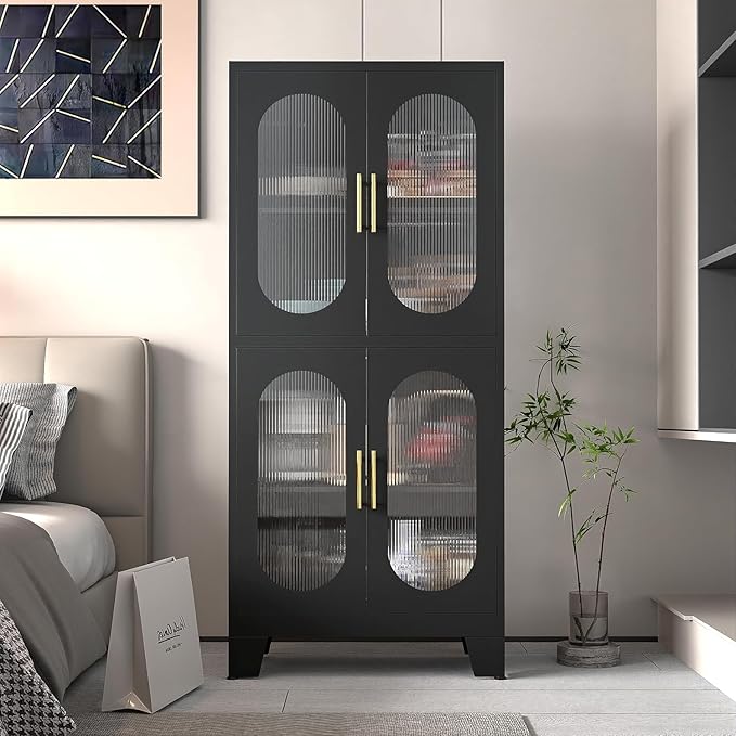 Pantry Cabinet, 61" with Acrylic Glass Doors and Adjustable Shelves, Metal Kitchen Cabinet for Multiple Rooms