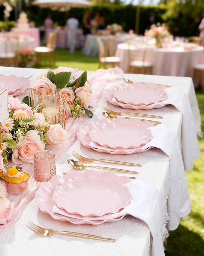 LIYH 20 Pcs 7.5 Inch Pink Scalloped Plastic Plates Reusable - Unbreakable Plastic Cake Dessert Plates for Weddings Party Outdoor Picnics Dishwasher Safe BPA Free (20Guests)