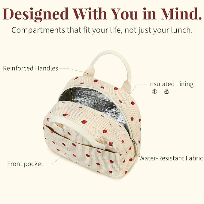 LOVELYWIND Insulated Floral Lunch Bag for Women, Stylish Corduroy Tote with Aluminum Lining, Large Capacity Reusable Cooler for Work, Travel, Beach or Picnic, Creamy Floral Water-Resistant Lunch Box