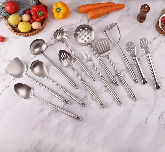 18/10 Stainless Steel Kitchen Utensils Set - 12 PCS All Metal Cooking Tools & 15??Serving Utensils - Potato Masher, Meat Fork, Tongs, Turner, Pasta, Serving Spoon, Skimmer, Ladle, Spatula Spoon Set