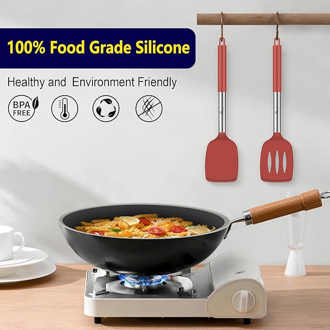 HOTEC Silicone Spatula Set of 2 Heat-Resistant 600째F & BPA-Free Kitchen SaptulaTurner with Stainless Steel Handles, Slotted & Solid Spatulas for Nonstick Cookware, 13.7 Inch, Red