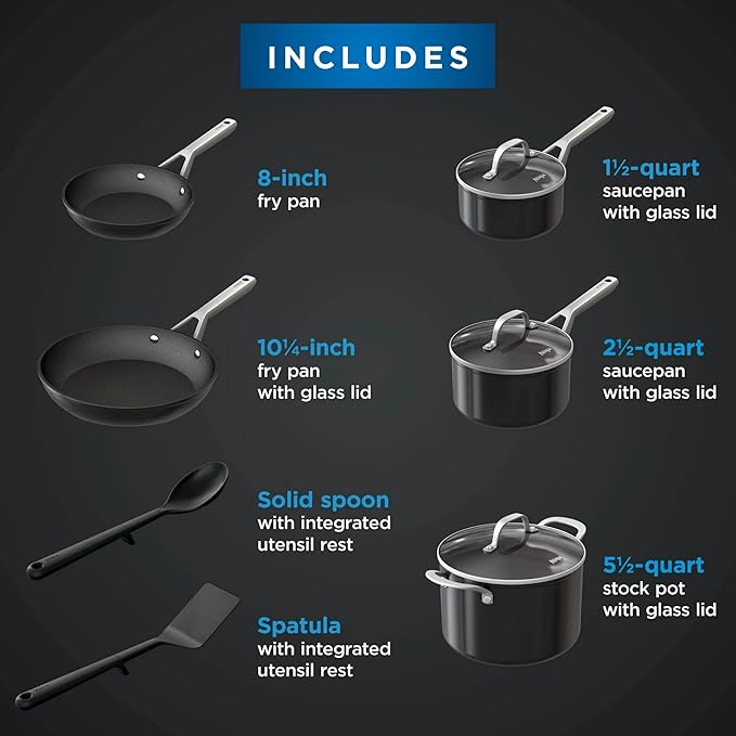 Ninja NeverStick Essential 10-Piece Cookware Set, C19010 ??Durable Nonstick Pots & Pans, Hard-Anodized, Oven Safe to 500째F, Even Heat Distribution, Metal-Utensil Safe, Dishwasher Safe