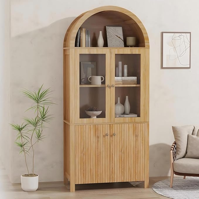 LINLUX Tall Arched Cabinet, 71??Versatile Modern Farmhouse Flute Pantry with 2 Tier Adjustable Shelves for Kitchen, Dining Room, Bathroom Anti-Tipping Device, Natural Wood