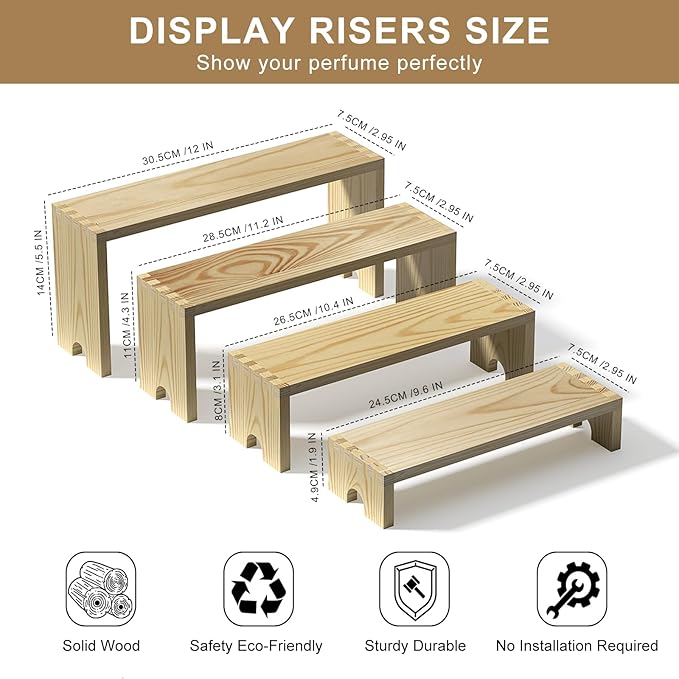 2 Set Large Wooden Tiered Riser Display Stands for Vendor Events,Stackable Perfume Organizer Cologne Stand for Men Women,Wooden Cupcake Dessert Stand,Wood Dessert Table Display Set,Food Display Risers for Party(12-11.2-10.4-9.6IN)