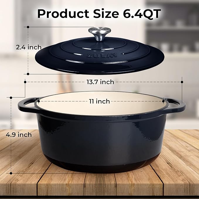 Zulay Kitchen 6 Quart Enameled Cast Iron Dutch Oven Pot with Lid ??Premium Durability & Oven Safe up to 500째F ??Heavy Duty Cookware Perfect for Bread Baking, Stews, Braising & Roasting - Lapis Lazuli