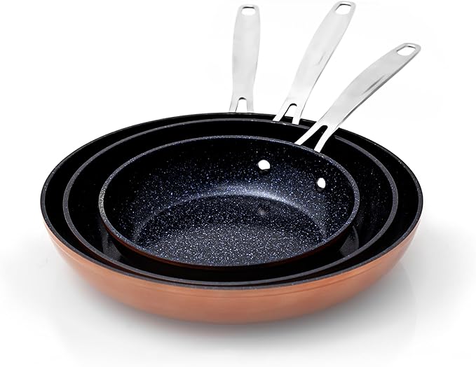 Nuwave 3-Piece Fry Pan Set, 8?? 10?? 12??Forged Lightweight, G10 Healthy Duralon Blue Ceramic Ultra Non-Stick, Induction-Ready & Works on All Cooktops, Ergonomic Stay-Cool Handles