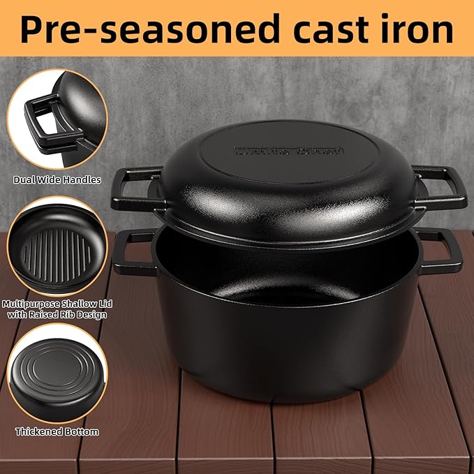 2-in-1 Pre-Seasoned Cast Iron Double Dutch Oven Pot with Skillet Lid & Silicone Sleeves ??Raised Rib Skillet Lid??Umite Chef 7QT Cast Iron Skillet Cookware Pan Set wirh Dual Handles ??Oven, Grill, Campfire & Stovetop Safe ?밣FAS-Free