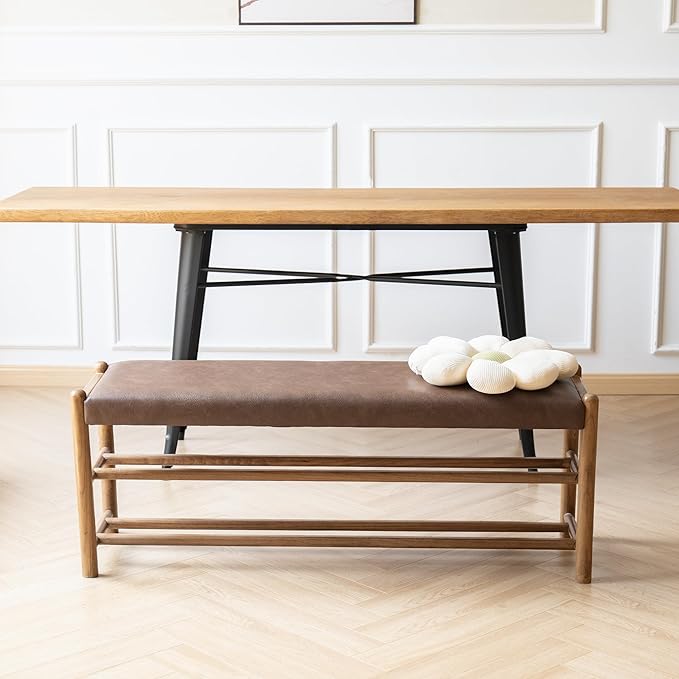 XINNAN Solid Wood Entryway Bench with Shoe Storage, Rustic Oak Wood and PU Leather 45 Inch Long Seating for Living and Dining Rooms, 3-Tier Brown