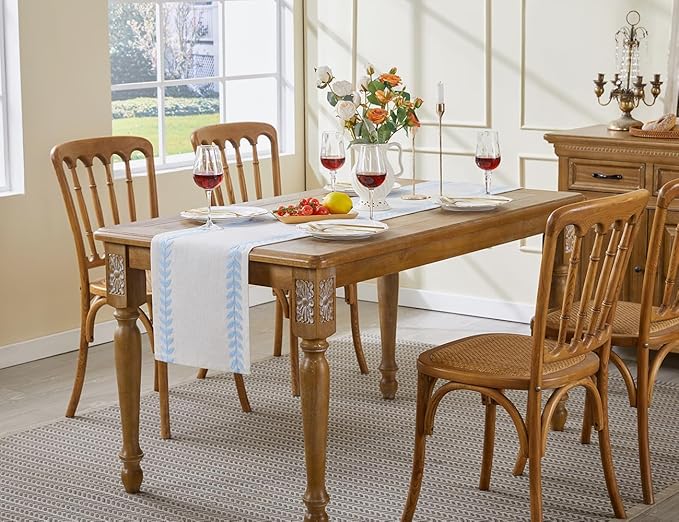 Wracra Embroidered Table Runner Irregular Willow Leaf Table Runners 108 Inches Long for Dresser Home Dining Table Decor,14 x 108 Inch, Blue