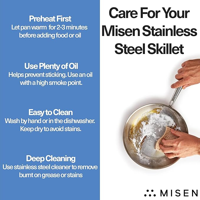 Misen 5-Ply Stainless Steel 12" Frying Pan - Professional Cookware for Induction, Gas and Electric - Dishwasher Safe, Oven Safe to 800째F - Durable, Versatile, Even Heating