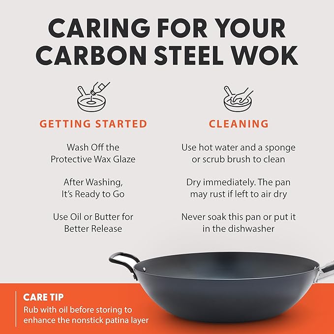 GreenPan Carbon Steel Wok 12?? Flat Bottom, Durable Stir-Fry Pan, Pre-Seasoned Nonstick Patina, High Heat Retention, Induction, Ash Wood Handle, Kyoto, Black