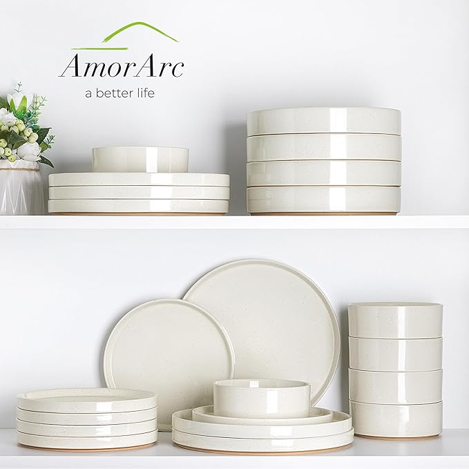AmorArc Ceramic Dinnerware Set for 4 | Speckled Stoneware Plates and Bowls with unglazed terracotta | Scratch Resistant, Dishwasher & Microwave Safe Modern Dishes Sets- 12-Pcs Beige