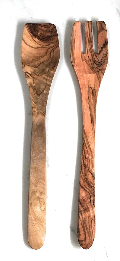 2 pc 14" Long Handle Artisan Olive Wood Salad Server Utensil Set- By ORCHARD HARDWOODS- Handmade Salad Spoon and Fork for Serving Salads, Non-Stick Cooking