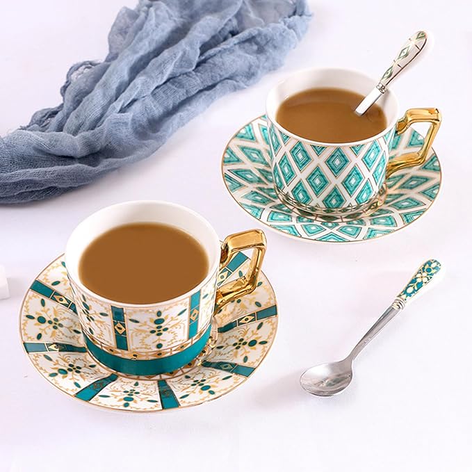 Vintage Bone China Tea Cup Set,5.4 Oz/160 ml Golden Handle Ceramic Coffee Teacup and Saucer with Spoon and Snack Fork, Style 01