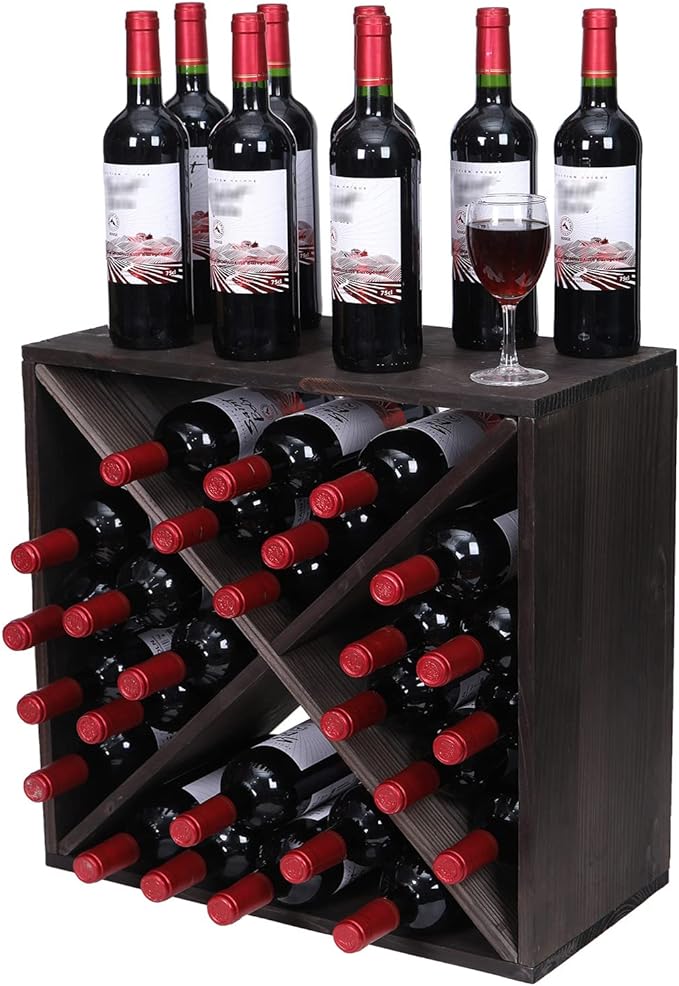 Wine Rack countertop Wooden Stackable Storage Rustic Retro Style Cube 24-Bottle Wooden Wine Rack Wine Cabinet (Dark Brown)