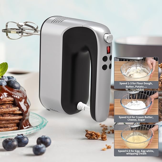 9-Speed Digital Hand Mixer Electric, 400W Powerful DC Motor, Baking Electric Handheld with Snap-On Storage Case, 5 Stainless Steel Accessories, Flat Beaters, Dough Hooks, Whisk(Silvery Black)