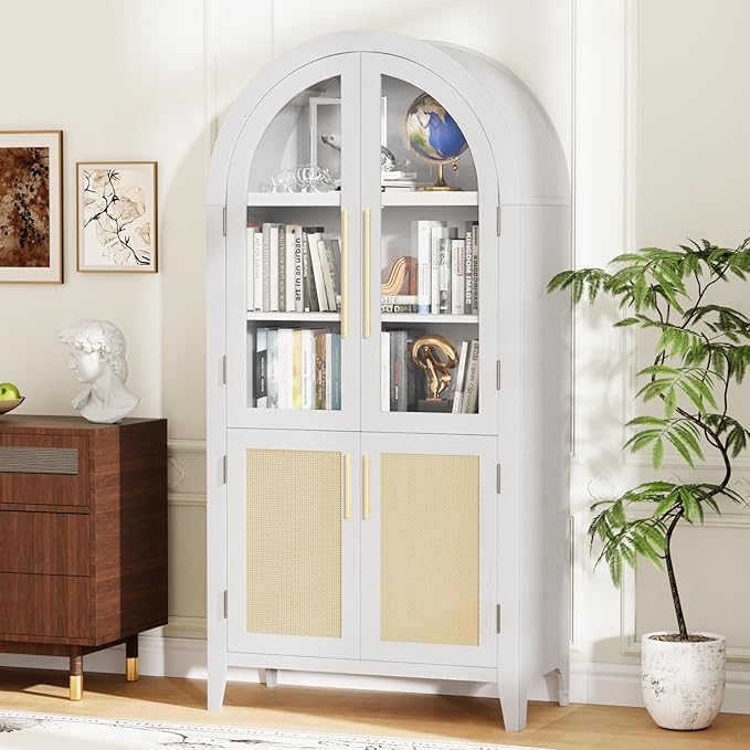 63??Arched Kitchen Pantry Cabinet ??5-Tier Modern Farmhouse Storage Cabinet w/Glass & Fluted Doors, Adjustable Shelves for Kitchen, Living Room, Entry, Office, Engineered Wood, White