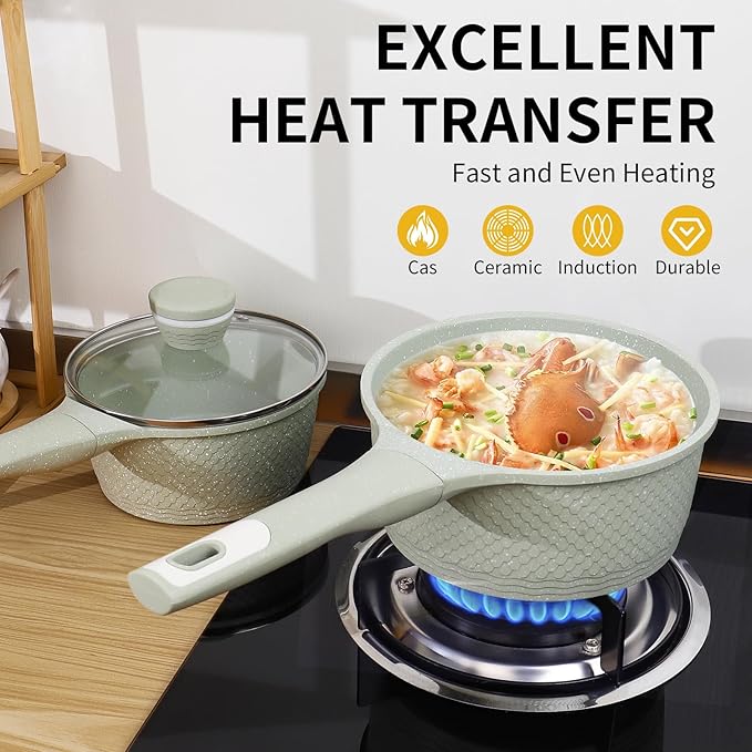 Sauce pan 2.0Qt SaucePan with Lid, Non Stick Sauce Pot for Cooking, Easy to Clean, Cooking all stovetop 100% Free PFOA PFAS - Green Granite