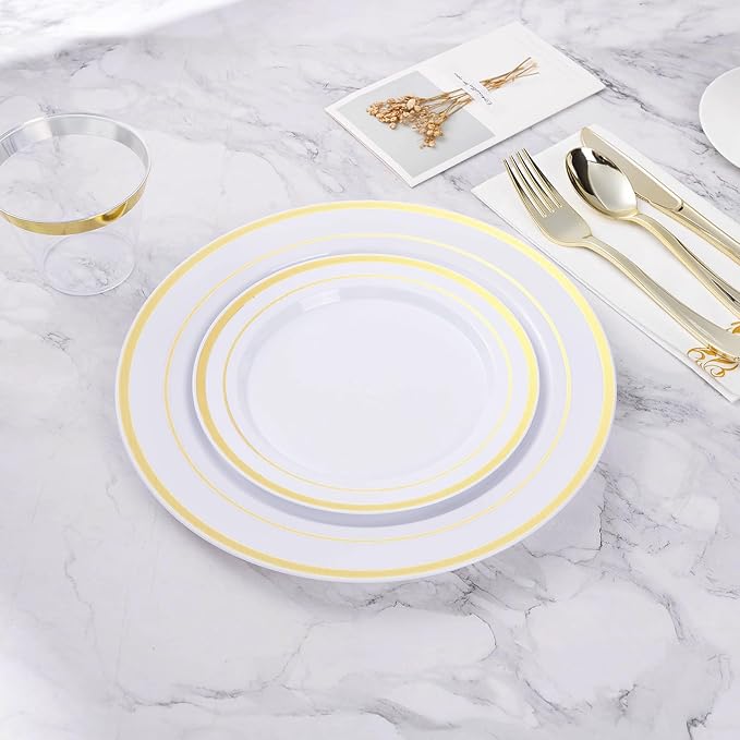 BESTVIP 100PCS Gold Plastic Plate, Disposable Party Plates with 50 Dinner Plates and 50 Dessert Plates, Plastic Plate for Parties, Wedding and Birthday