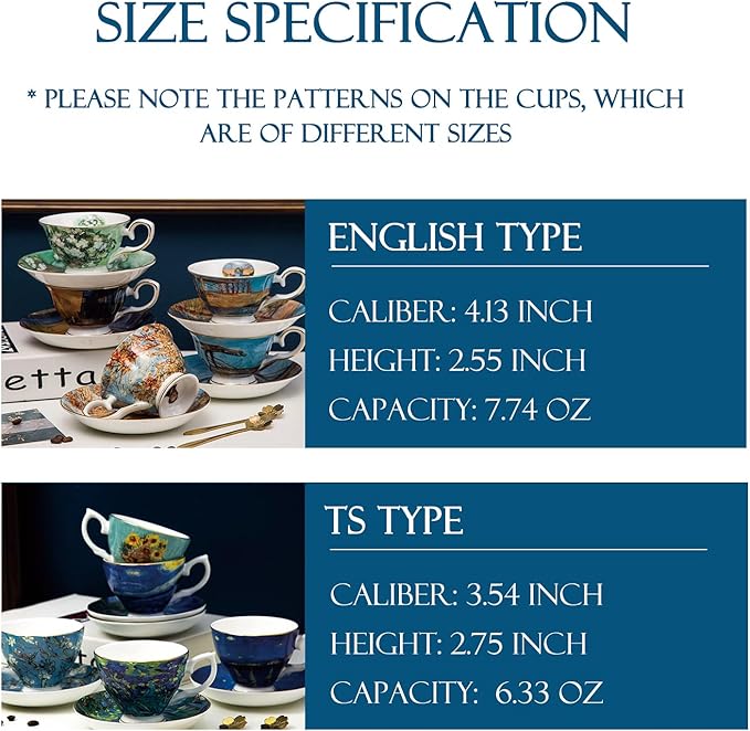 Van Gogh Bone China Set of 4 Cups and Saucers, Coffee Cup and Saucer Set With Gift Box, 7.4-Ounce Art Coffee Mugs Set - Perfect Birthday/Holiday/Wedding Gift