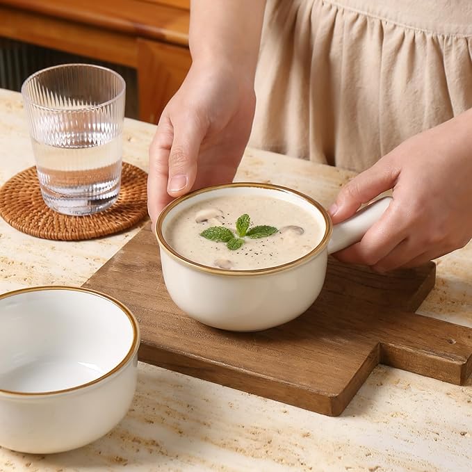 MONITO 16 Oz French Onion Soup Bowls, Ceramic Soup Bowls with Handles, Stackable Soup Crocks Oven Safe for Chili, Beef Stew, Cereal,Casseroles Microwave & Dishwasher Safe, Set of 4, White
