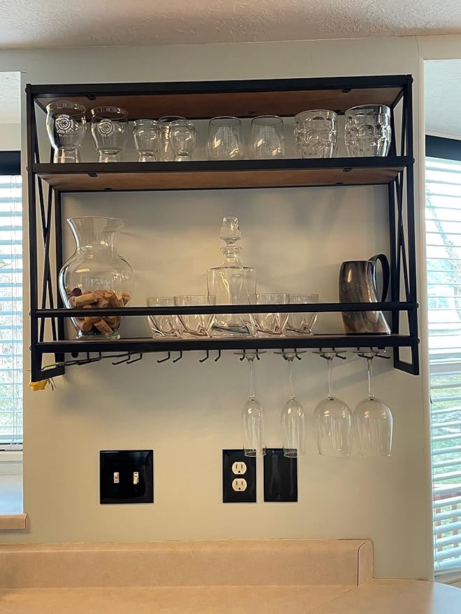 SSS Furniture Industrial Wine Rack Wall Mounted with 8 Stem Wine Glass Holder, 31.5in Hanging Wall Wine Rack Floating Bar Shelves, 3-Tier Wood Shelves Wine Shelf Home D챕cor Display Rack