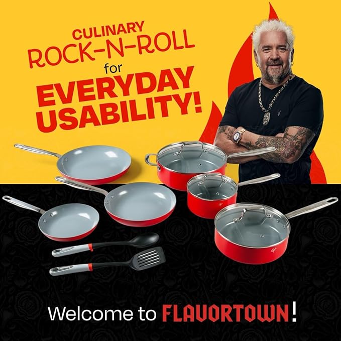 Guy Fieri's Flavortown 11-Piece Ceramic Cookware Set, Nonstick Pots and Pans for Cooking, Made without PFAS PTFE PFOA, Oven Safe, Dishwasher Safe, Easy to Clean Everyday Cookware, Red