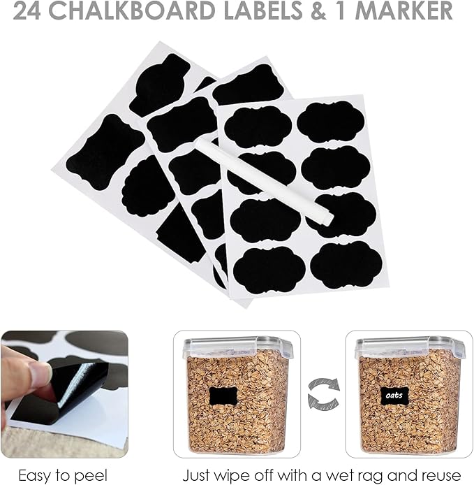 Vtopmart Airtight Food Storage Containers with Lids, 24 pcs Plastic Kitchen and Pantry Organization Canisters for Cereal, Dry Food, Flour and Sugar, BPA Free, Includes 24 Labels竊똆ray