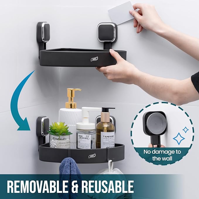 TAILI Corner Shower Caddy with Suction Cup Hooks, Aluminum Corner Shelf Basket竊?Wall Mounted Organizer Rack for Shampoo, No-Drilling Rustproof for Kitchen and Bathroom